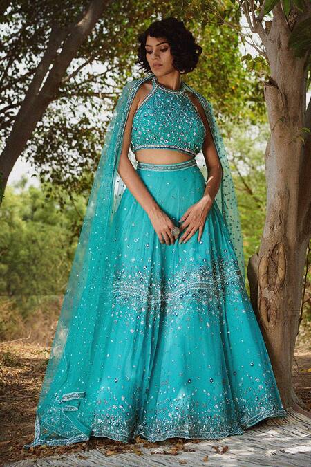 Irrau By Samir Mantri_Blue Net, Georgette Sequins, Beads Halter Floral Embroidered Bridal Lehenga Set_Online_at_Aza_Fashions