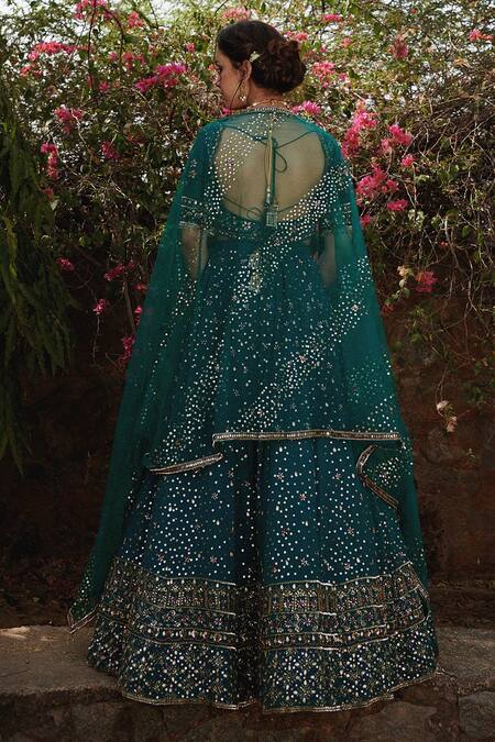Shop_Irrau By Samir Mantri_Green Net, Georgette Glass Beads, Gota Floral Embroidered Bridal Lehenga Set _at_Aza_Fashions