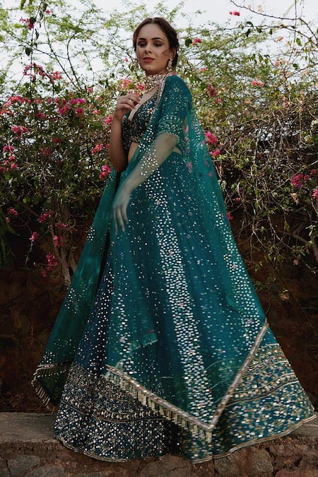 Irrau By Samir Mantri_Green Net, Georgette Glass Beads, Gota Floral Embroidered Bridal Lehenga Set _Online_at_Aza_Fashions