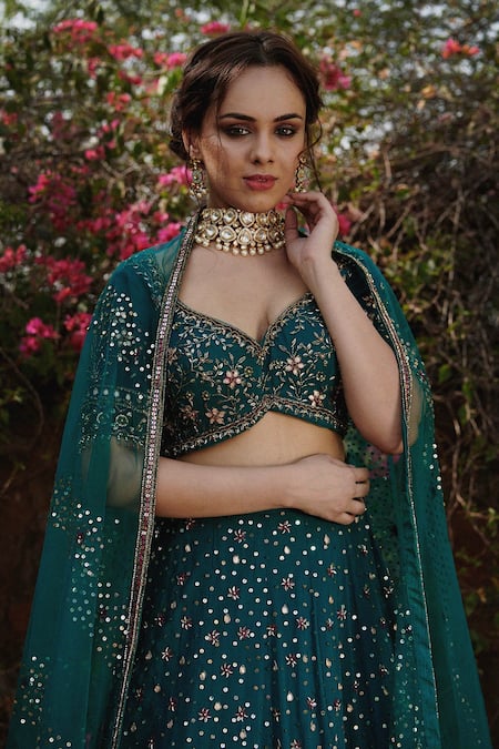 Buy_Irrau By Samir Mantri_Green Net, Georgette Glass Beads, Gota Floral Embroidered Bridal Lehenga Set _Online_at_Aza_Fashions