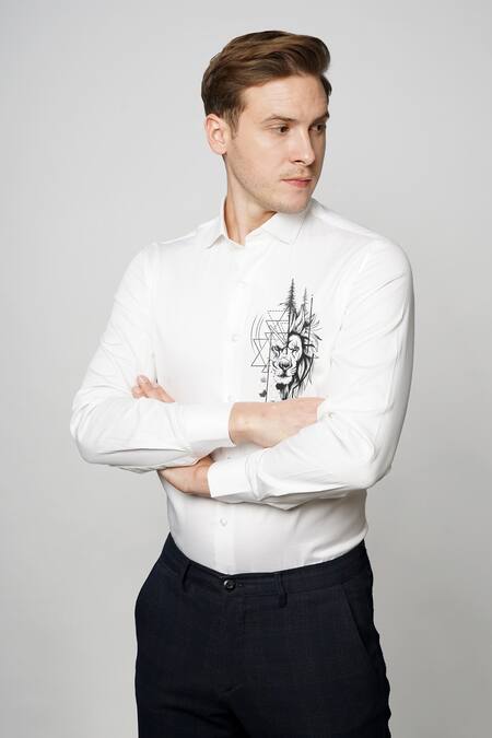 Avalipt_White 100% Cotton Hand Painted Geo Lion Shirt_Online_at_Aza_Fashions