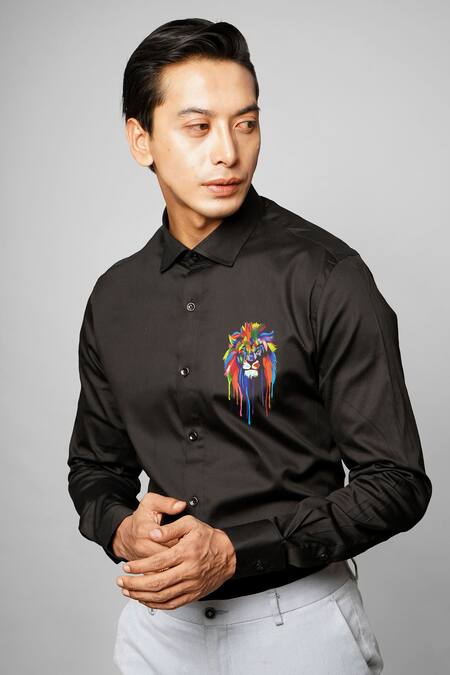 Shop_Avalipt_Black 100% Cotton Hand Painted Lion Motif Leo Shirt_at_Aza_Fashions