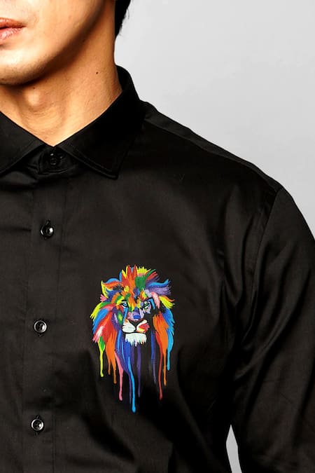 Avalipt_Black 100% Cotton Hand Painted Lion Motif Leo Shirt_Online_at_Aza_Fashions