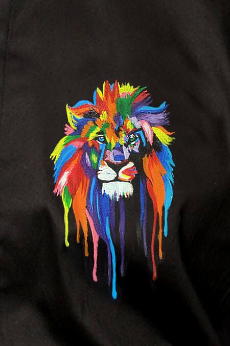 Buy_Avalipt_Black 100% Cotton Hand Painted Lion Motif Leo Shirt_Online_at_Aza_Fashions