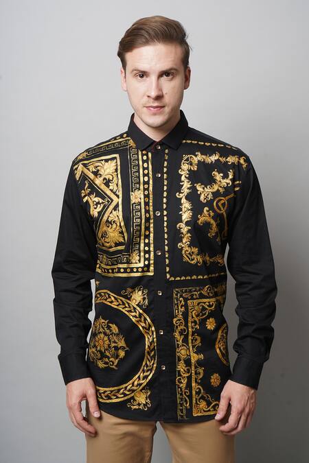 Avalipt_Black 100% Cotton, Satin Weave Monarch Motif Handpainted Shirt_Online_at_Aza_Fashions