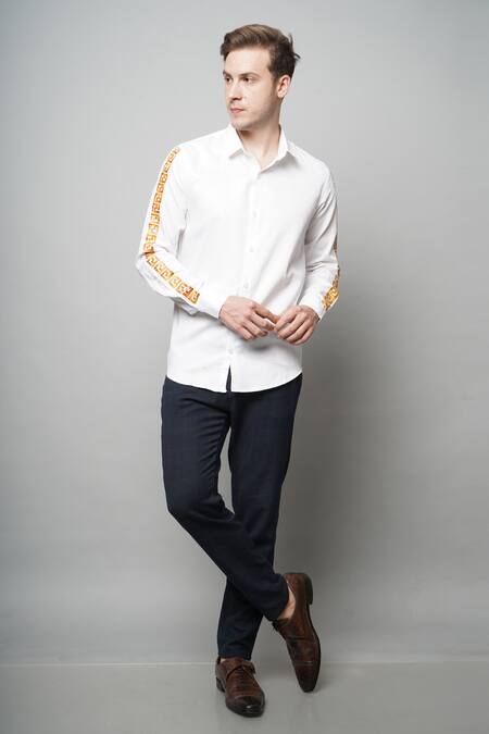 Shop Avalipt White 100% Cotton, Satin Weave Meander Art Motif Hand Painted Sleeves Shirt at Aza Fashions Shop_Avalipt_White 100% Cotton, Satin Weave Meander Art Motif Hand Painted Sleeves Shirt_at_Aza_Fashions