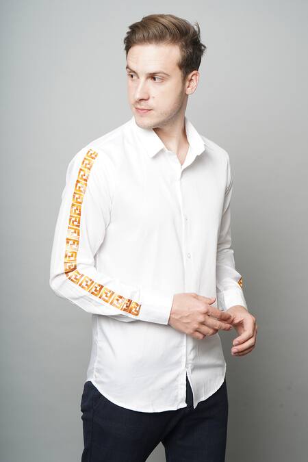 Avalipt White 100% Cotton, Satin Weave Meander Art Motif Hand Painted Sleeves Shirt Online at Aza Fashions Avalipt_White 100% Cotton, Satin Weave Meander Art Motif Hand Painted Sleeves Shirt_Online_at_Aza_Fashions