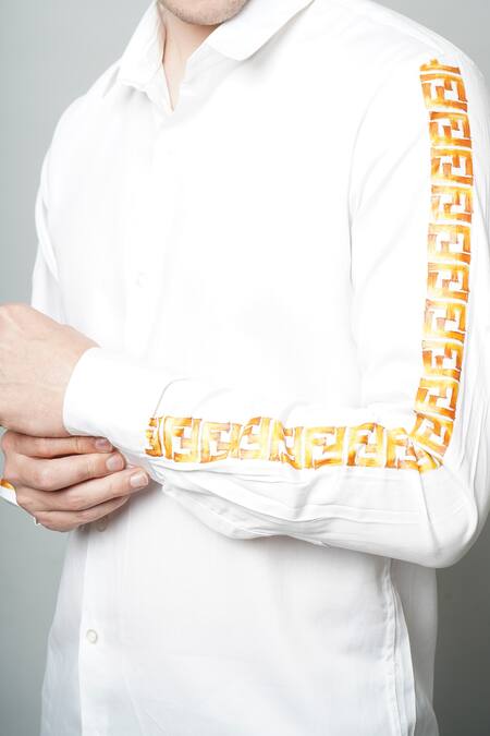 Buy Avalipt White 100% Cotton, Satin Weave Meander Art Motif Hand Painted Sleeves Shirt Online at Aza Fashions Buy_Avalipt_White 100% Cotton, Satin Weave Meander Art Motif Hand Painted Sleeves Shirt_Online_at_Aza_Fashions