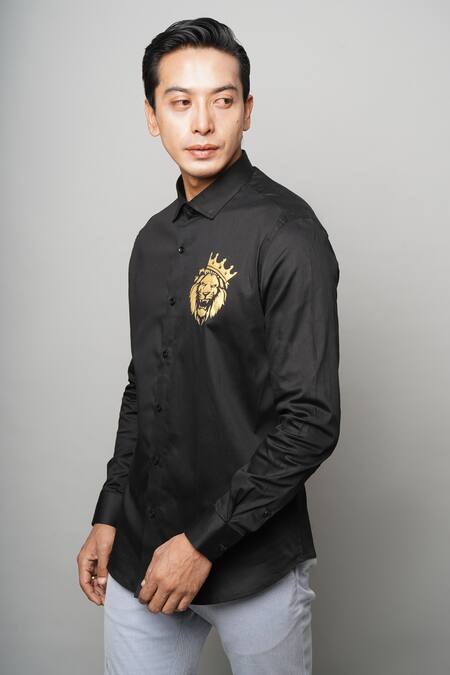 Avalipt_Black 100% Cotton Hand Painted Lion Motif Scarface Shirt_Online_at_Aza_Fashions