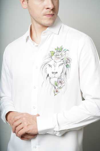 Buy_Avalipt_White 100% Cotton Hand Painted Lion Bloom Motif Shirt_Online_at_Aza_Fashions