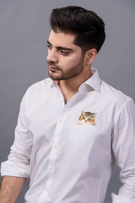 Avalipt White 100% Cotton, Satin Weave Cat Motif Kitty Hand Painted Shirt Online at Aza Fashions Avalipt_White 100% Cotton, Satin Weave Cat Motif Kitty Hand Painted Shirt_Online_at_Aza_Fashions