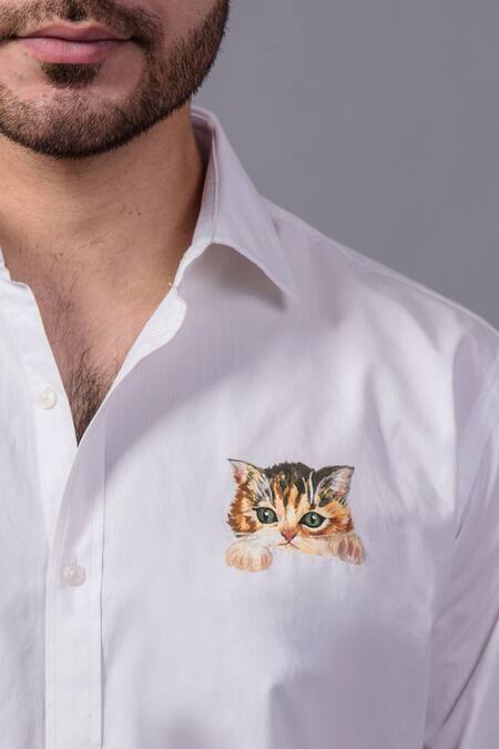 Buy Avalipt White 100% Cotton, Satin Weave Cat Motif Kitty Hand Painted Shirt Online at Aza Fashions Buy_Avalipt_White 100% Cotton, Satin Weave Cat Motif Kitty Hand Painted Shirt_Online_at_Aza_Fashions