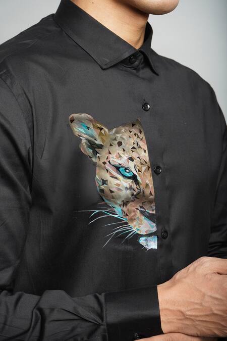 Avalipt_Black 100% Cotton Hand Painted Cubic Cheetah Shirt_Online_at_Aza_Fashions