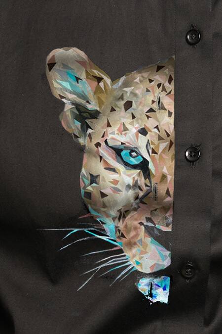 Buy_Avalipt_Black 100% Cotton Hand Painted Cubic Cheetah Shirt_Online_at_Aza_Fashions