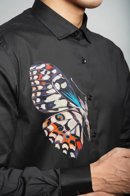 Avalipt_Black 100% Cotton Hand Painted Butterfly Motif Morph Shirt_Online_at_Aza_Fashions