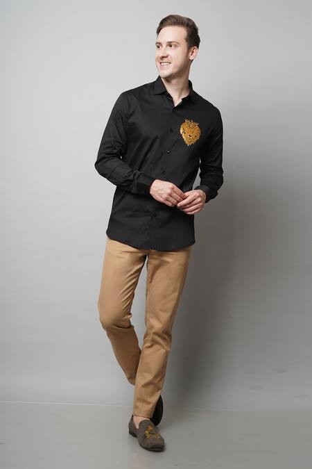 Avalipt_Black 100% Cotton Hand Painted Leo Motif Shirt_Online_at_Aza_Fashions