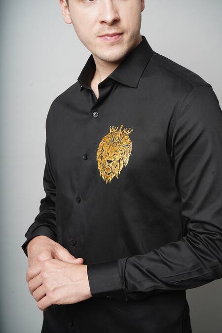 Buy_Avalipt_Black 100% Cotton Hand Painted Leo Motif Shirt_Online_at_Aza_Fashions
