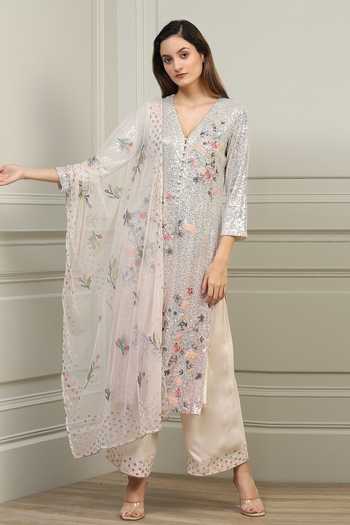 Buy RANNA GILL Pink Embroidery V Neck Floral Kurta Set at Aza Fashions Buy_RANNA GILL_Pink Embroidery V Neck Floral Kurta Set _at_Aza_Fashions
