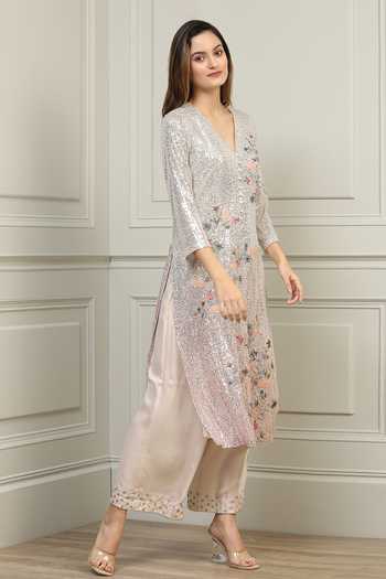 RANNA GILL Pink Embroidery V Neck Floral Kurta Set Online at Aza Fashions RANNA GILL_Pink Embroidery V Neck Floral Kurta Set _Online_at_Aza_Fashions