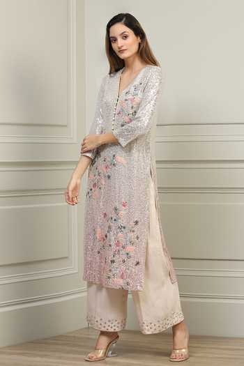 Shop RANNA GILL Pink Embroidery V Neck Floral Kurta Set Online at Aza Fashions Shop_RANNA GILL_Pink Embroidery V Neck Floral Kurta Set _Online_at_Aza_Fashions