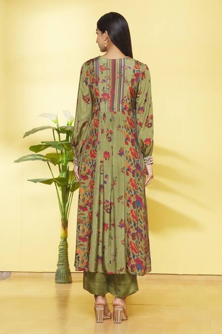 Shop Shikhha Goyal Green Kurta- Habutai Silk Printed Floral V Neck Kalidar And Pant Set at Aza Fashions Shop_Shikhha Goyal_Green Kurta- Habutai Silk Printed Floral V Neck Kalidar And Pant Set_at_Aza_Fashions