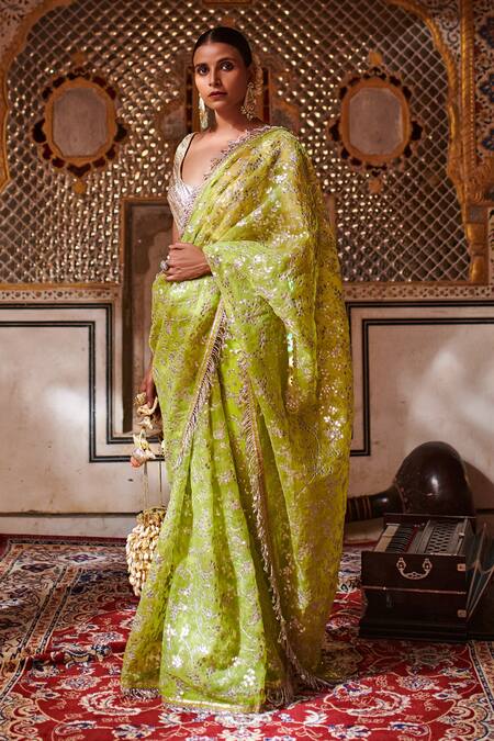Itrh_Green Silk Organza, Lampi Gota Scoop Neck Embroidered Saree With Blouse_Online_at_Aza_Fashions