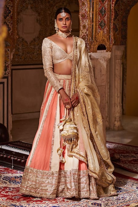 Buy Colour Block Embellished Lehenga Teamed With Linen Oversized Shirt And  Embellished Bustier by Designer SVA BY SONAM & PARAS MODI Online at  Ogaan.com