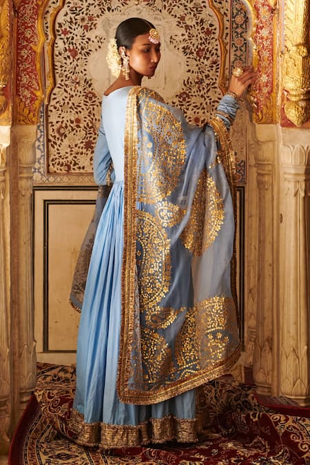 Itrh_Blue Silk Organza, Cotton Mul, Net Lycra Angarkha Set _Online_at_Aza_Fashions