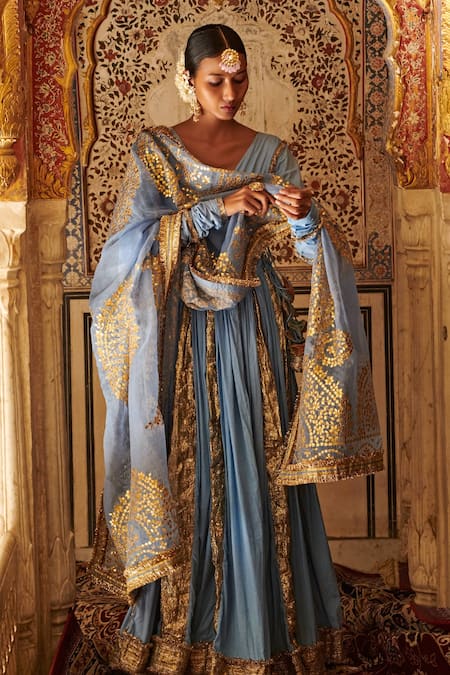 Buy_Itrh_Blue Silk Organza, Cotton Mul, Net Lycra Angarkha Set _Online_at_Aza_Fashions