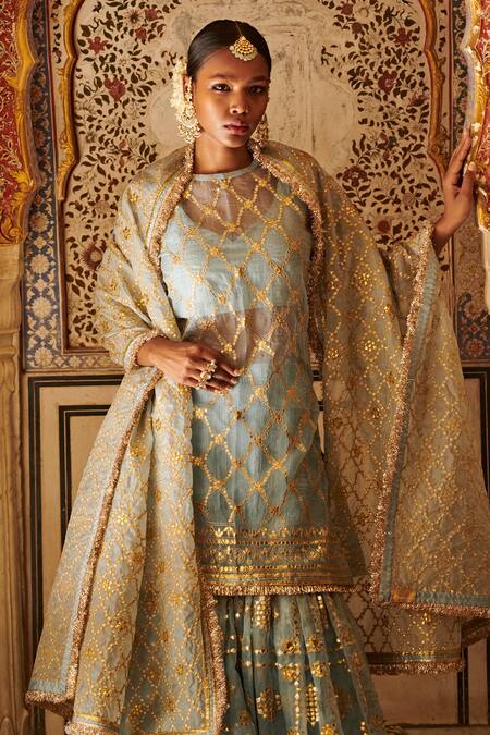 Itrh_Blue , Brocade, Chanderi Embroidered Kurta Sharara Set_Online_at_Aza_Fashions