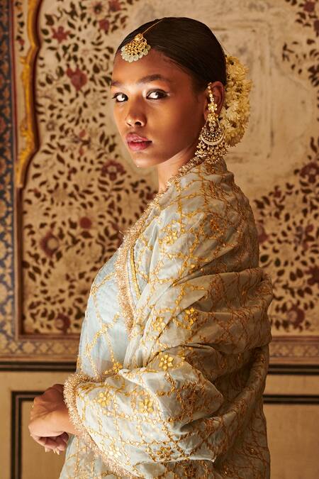 Shop_Itrh_Blue , Brocade, Chanderi Embroidered Kurta Sharara Set_Online_at_Aza_Fashions