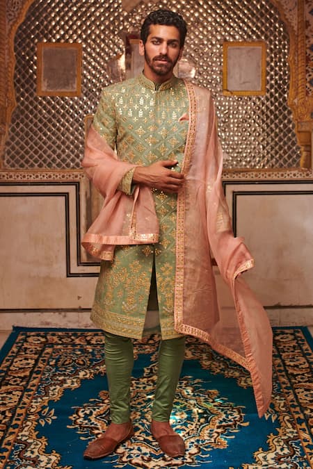 Itrh Green Linen Embroidered Gota Patti Sherwani Set  