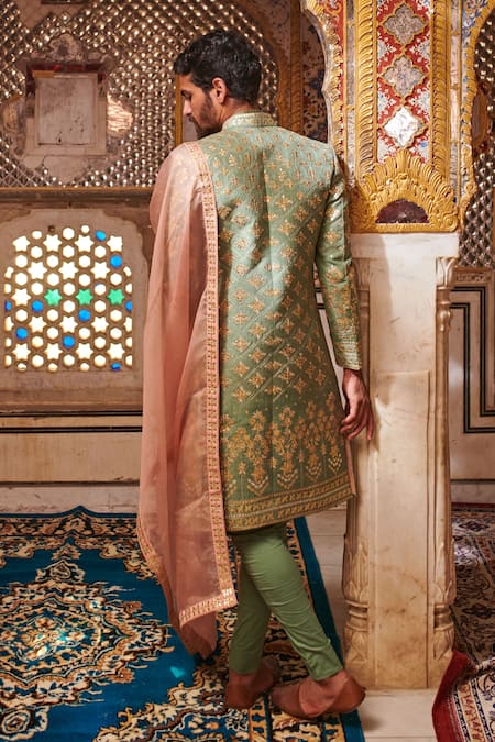 Shop Itrh Green Linen, Cotton Lycra, Silk Organza Gota Patti Embroidered Sherwani Set at Aza Fashions Shop_Itrh_Green Linen, Cotton Lycra, Silk Organza Gota Patti Embroidered Sherwani Set_at_Aza_Fashions