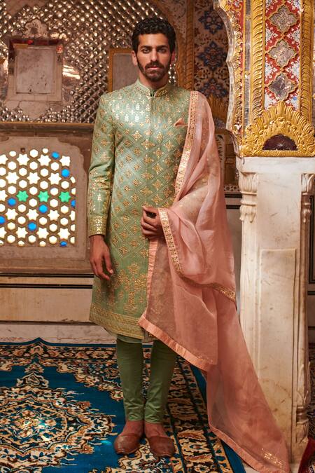 Itrh Green Linen, Cotton Lycra, Silk Organza Gota Patti Embroidered Sherwani Set Online at Aza Fashions Itrh_Green Linen, Cotton Lycra, Silk Organza Gota Patti Embroidered Sherwani Set_Online_at_Aza_Fashions