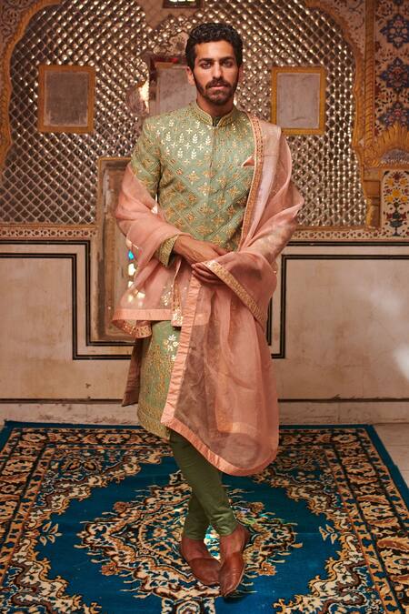 Buy Itrh Green Linen, Cotton Lycra, Silk Organza Gota Patti Embroidered Sherwani Set Online at Aza Fashions Buy_Itrh_Green Linen, Cotton Lycra, Silk Organza Gota Patti Embroidered Sherwani Set_Online_at_Aza_Fashions