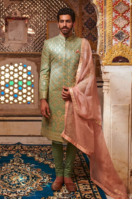 Shop Itrh Green Linen, Cotton Lycra, Silk Organza Gota Patti Embroidered Sherwani Set Online at Aza Fashions Shop_Itrh_Green Linen, Cotton Lycra, Silk Organza Gota Patti Embroidered Sherwani Set_Online_at_Aza_Fashions