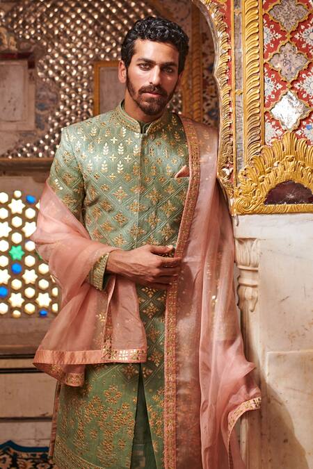 Itrh Green Linen, Cotton Lycra, Silk Organza Gota Patti Embroidered Sherwani Set at Aza Fashions Itrh_Green Linen, Cotton Lycra, Silk Organza Gota Patti Embroidered Sherwani Set_at_Aza_Fashions