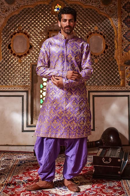 Itrh Purple Silk Chanderi Embroidered Gota Patti Sherwani And Salwar Set  