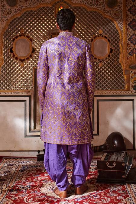 Shop_Itrh_Purple Silk Chanderi Gota Patti Sherwani And Salwar Set _at_Aza_Fashions