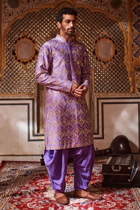 Itrh_Purple Silk Chanderi Gota Patti Sherwani And Salwar Set _Online_at_Aza_Fashions