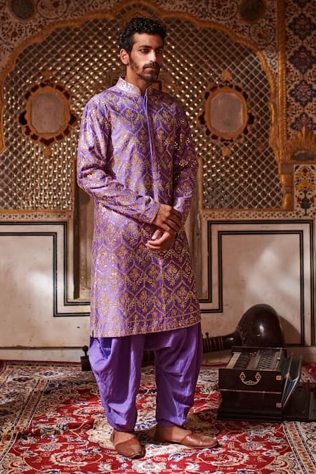 Buy_Itrh_Purple Silk Chanderi Gota Patti Sherwani And Salwar Set _Online_at_Aza_Fashions