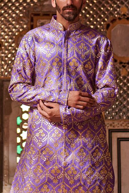 Shop_Itrh_Purple Silk Chanderi Gota Patti Sherwani And Salwar Set _Online_at_Aza_Fashions