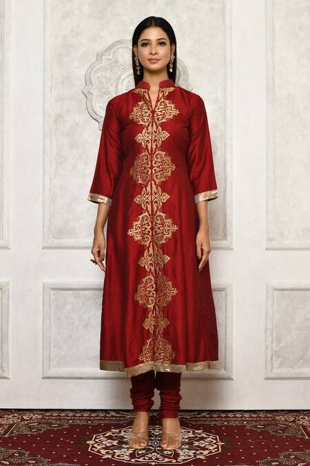 Buy_Aryavir Malhotra_Maroon Cotton Embroidery Floral Mandarin Collar Kurta_Online_at_Aza_Fashions