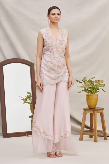 Ekta Singh_Purple Organza V Neck Jacket And Pant Set _Online_at_Aza_Fashions