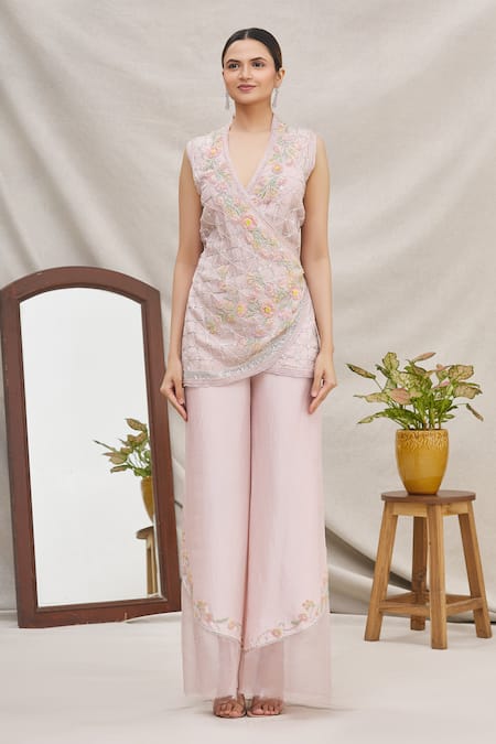 Buy_Ekta Singh_Purple Organza V Neck Jacket And Pant Set _Online_at_Aza_Fashions