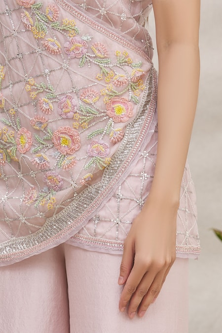 Ekta Singh_Purple Organza V Neck Jacket And Pant Set _at_Aza_Fashions