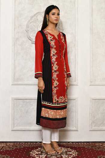 Aryavir Malhotra_Red Kurtageorgette Pant Faux Crepe Embroidery Floral Kurta And Set _Online_at_Aza_Fashions