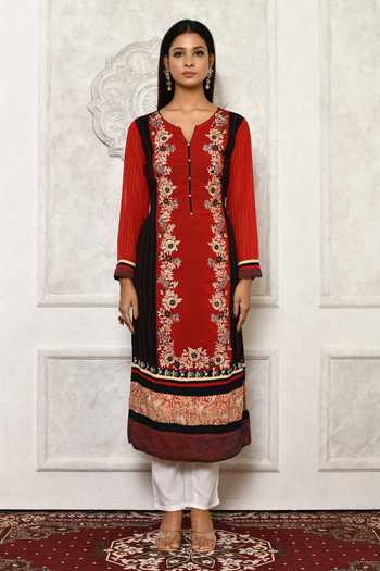 Buy_Aryavir Malhotra_Red Kurtageorgette Pant Faux Crepe Embroidery Floral Kurta And Set _Online_at_Aza_Fashions