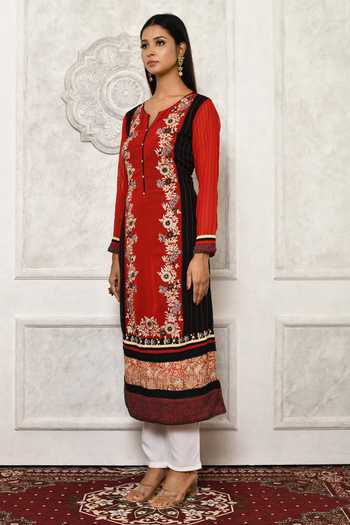 Shop_Aryavir Malhotra_Red Kurtageorgette Pant Faux Crepe Embroidery Floral Kurta And Set _Online_at_Aza_Fashions