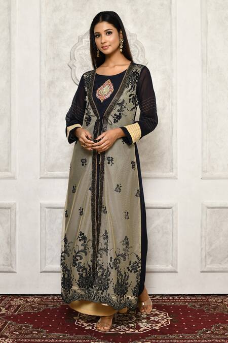Aryavir Malhotra Grey Kurtageorgette Palazzo Faux Jacket Style Angarkha Kurta And Set